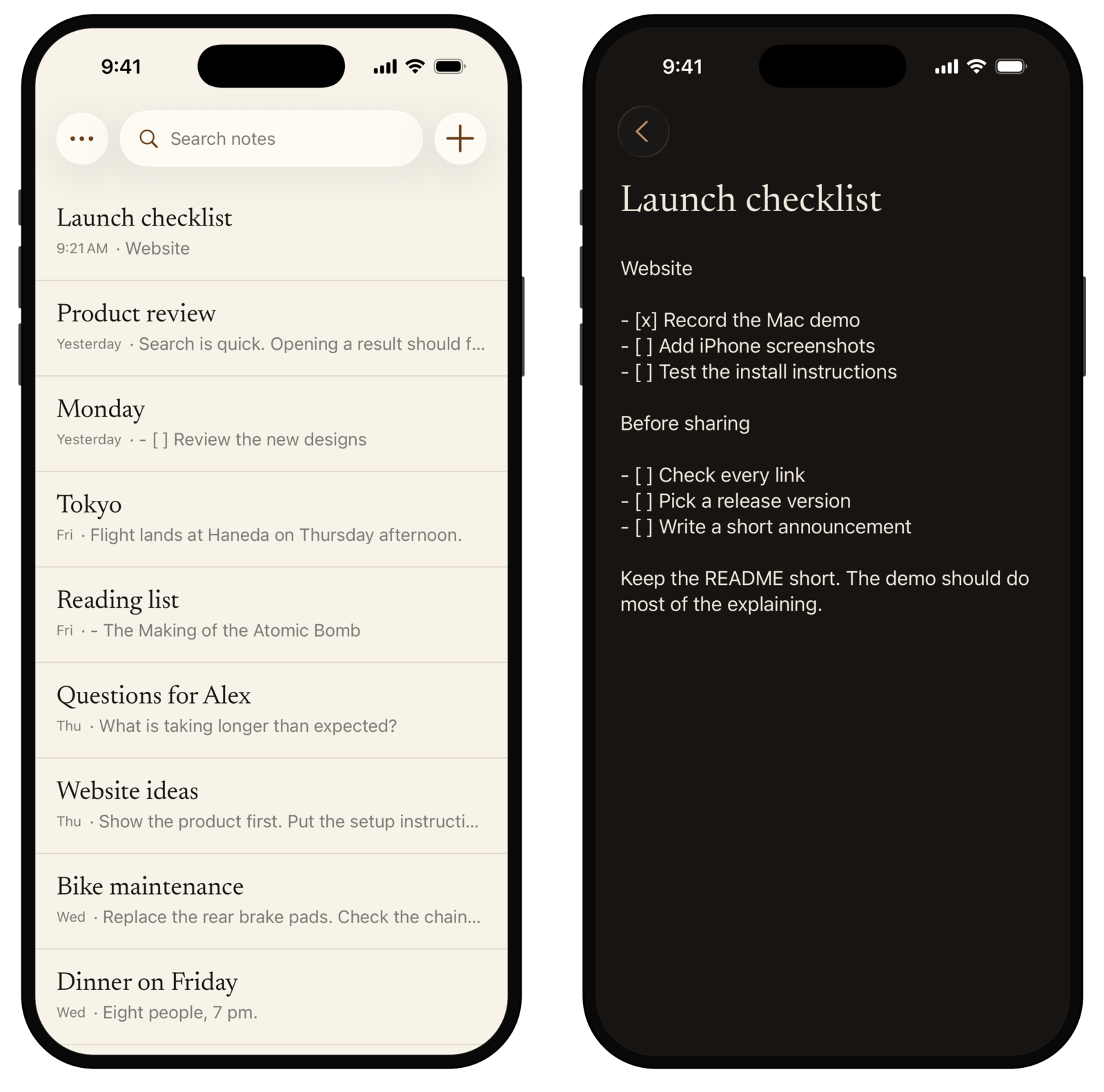 Drift on iPhone: a full notebook in light mode, and an open note in dark mode.
